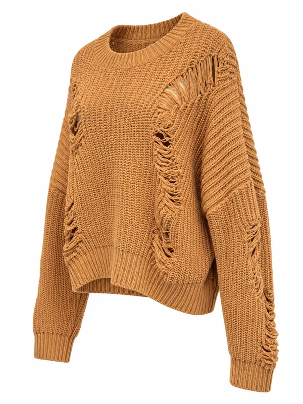 POL Camel Distressed Oversized Chunky Knit Sweater Boho Cropped Pullover Medium - Image 2