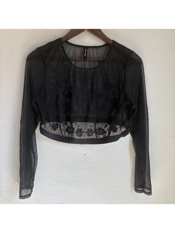 Torrid Curve Womens 1 1X Black Sheer Mesh Floral Embroidered Top Long Sleeve - Image 3
