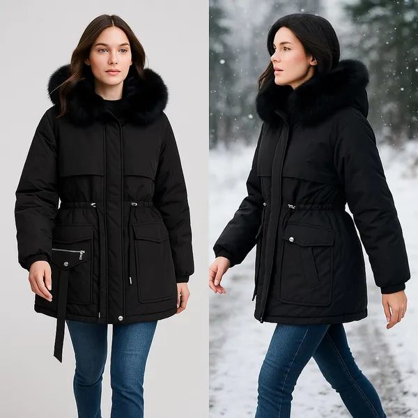 NEW with tags - Black Puffer Parka w/ Detachable Faux Fur Lining + Cinch Waist - Image 2