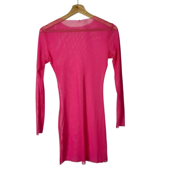 Boutique Hot Pink Sheer Fishnet Mesh Long Sleeve Bodycon Cover Up S‎ - Image 2