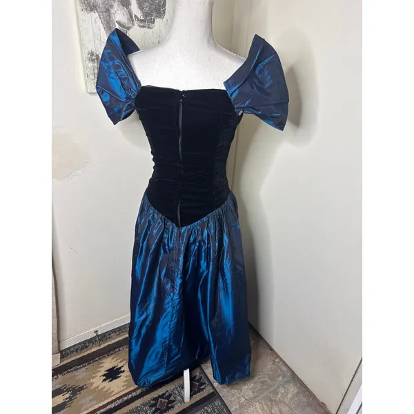 VTG 80s Blossoms by Loralie Dress Velvet Blue Iridescent Taffeta Prom Gown - Image 4
