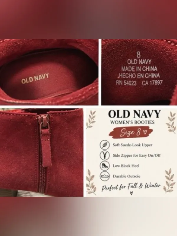 Old Navy Burgundy Cranberry Ankle Booties Size 8 Side Zip Block Heel - Image 4