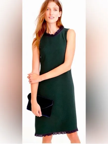 J.Crew Sleeveless Forest Green Shift Dress with Blue Ruffled Trim Size 8 - Image 3