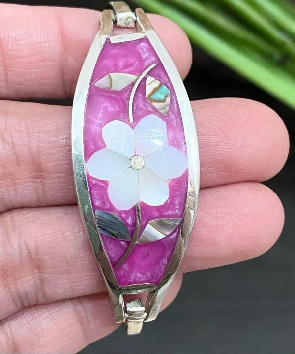 Vintage Alpaca Mexico Mexican Silver Mother of Pearl Inlaid ID Cuff Bracelet - Image 10