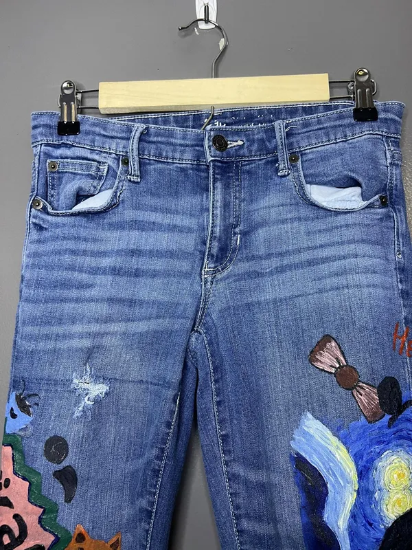 Gap Jeans Hand Painted Women 2 Medium Wash Blue Mid Rise Flare Unicorn Art - Image 2