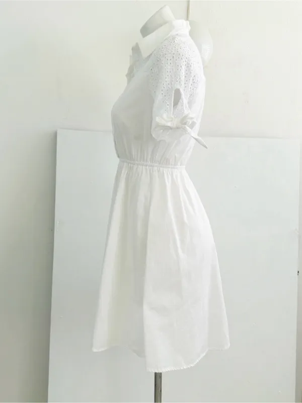 NEW Monteau White Eyelet Midi Dress buttons SMALL tie sleeve cottage womens - Image 4
