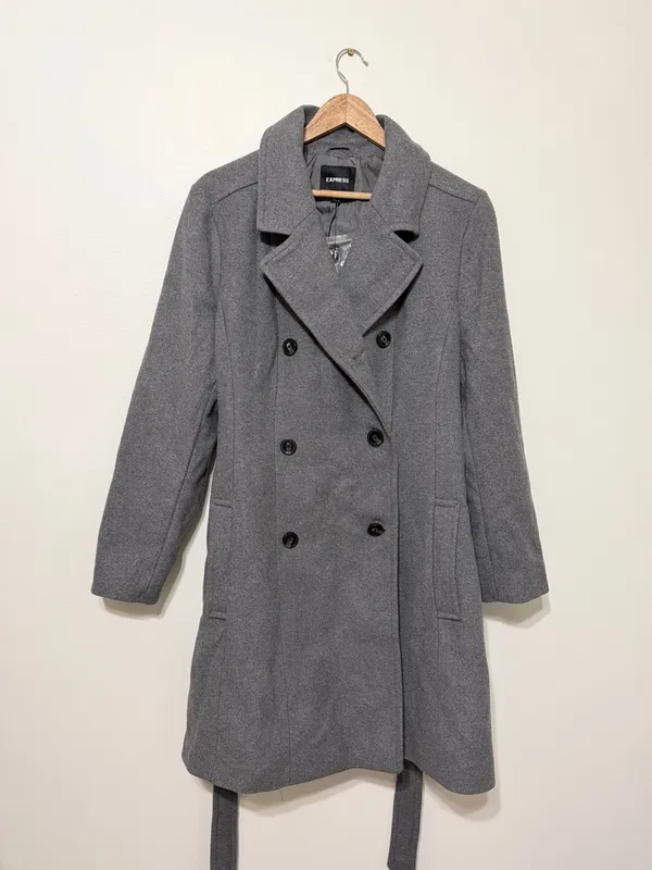 NWT Express Grey Pea Coat Size XL Wool Long Gray Tie NEW Women’s - Image 2