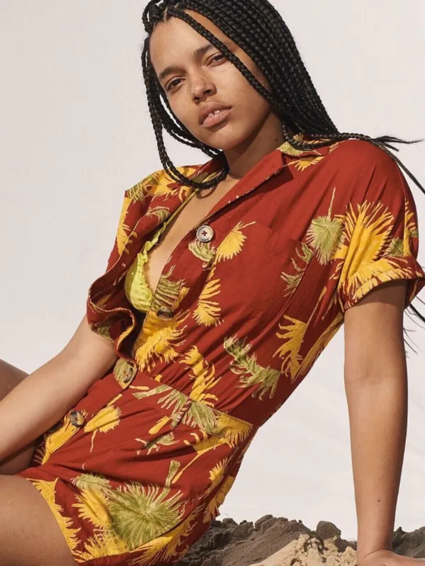 Free People Malibu Romper Burgundy Palm Print Boho M - Image 9