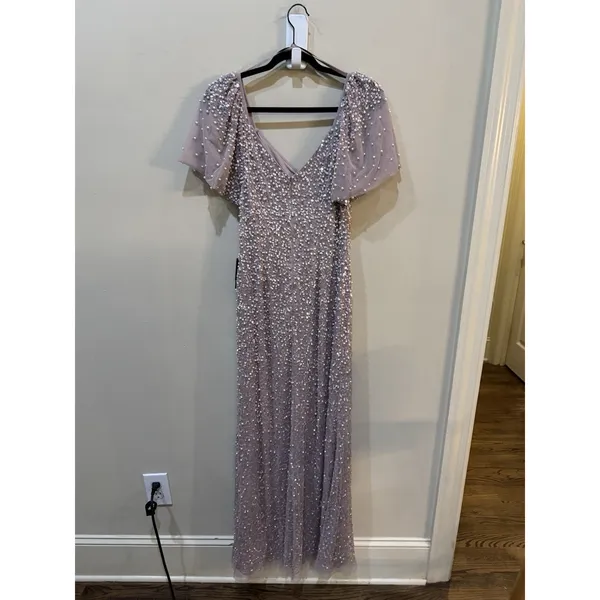 ADRIANNA PAPELL Pink Beaded Mesh Maxi Dress Size 6 Maxi - Image 6