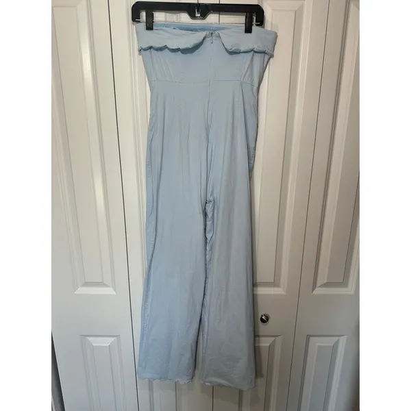 The Frolic‎ Strapless Plum Scallop Jumpsuit S Light Blue Wide Leg Anthropologie - Image 3
