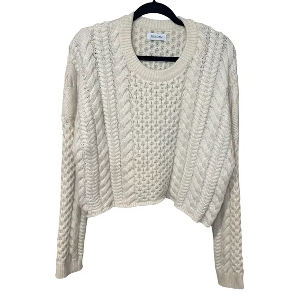 Naadam Wool Cashmere Cable Knit Cropped Sweater Cream Ivory Medium - Image 2