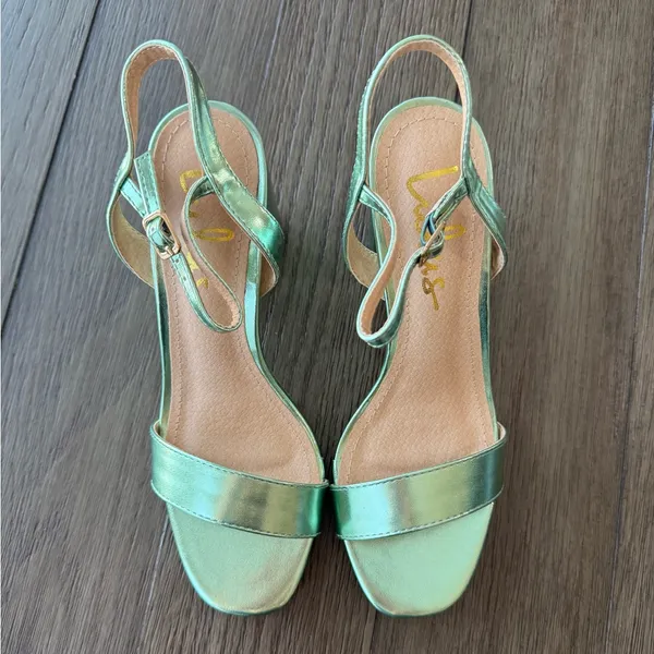 Lulu's Metallic Green Block Heel Sandals - Image 2