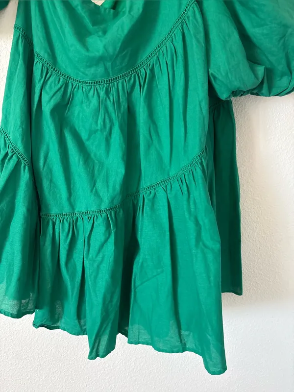 Showpo HARLEEN MINI DRESS Linen Asymmetrical Trim Puff Sleeve Dress In Green 10 - Image 6