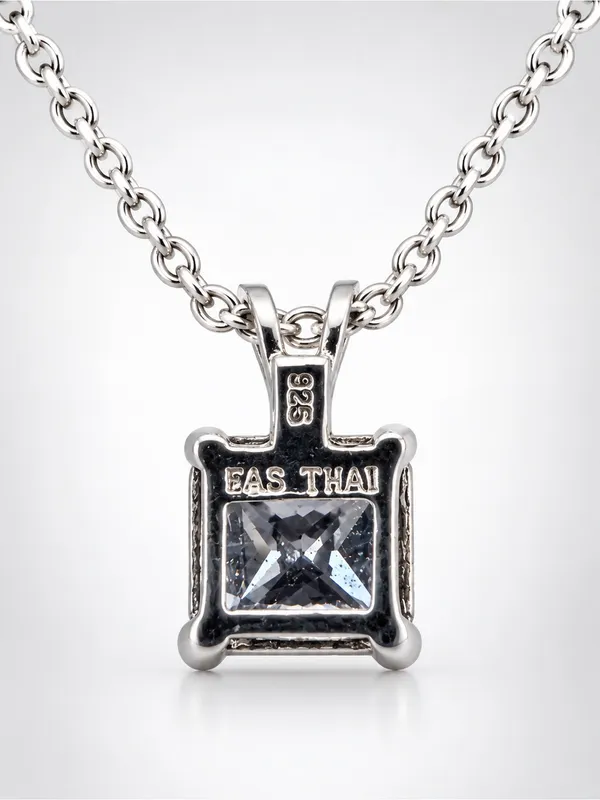 Estate FAS Thai Sterling Silver Princess Cut CZ Solitare Pendant SS Plate Chain - Image 3