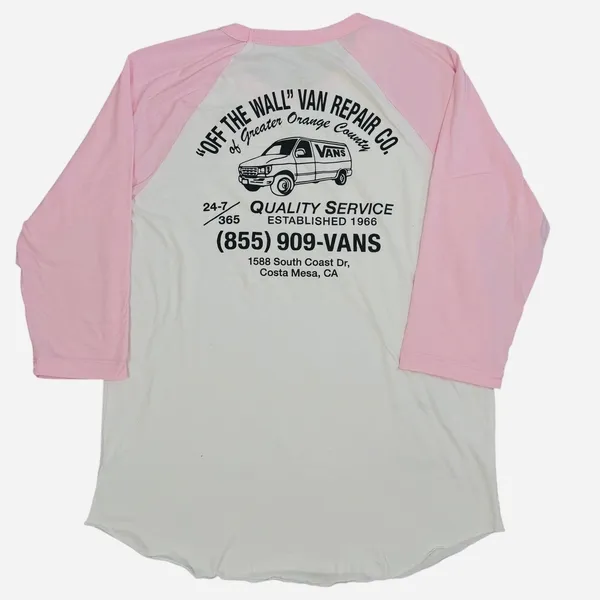 Vans Off The Wall Van Repair Co Raglan Tee Womens M Pink White Graphic Cotton - Image 9