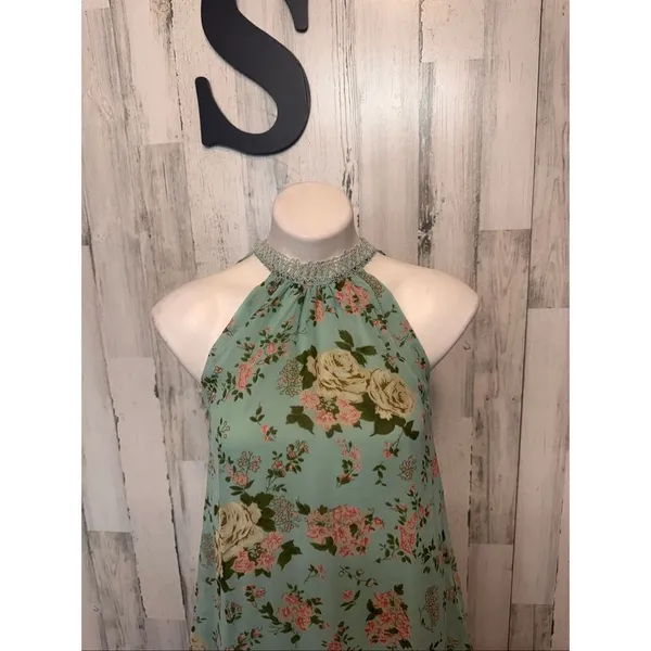Love Chesley Mint Floral Halter Dress Flowy Sleeveless Mini Size S - Image 2