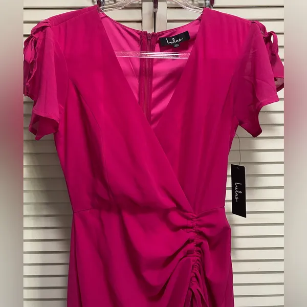 Lulus Maxi Dress Gown Hot Pink‎ Ruffle Cold Shoulder Tie Up Skirt Size XS NEW - Image 3