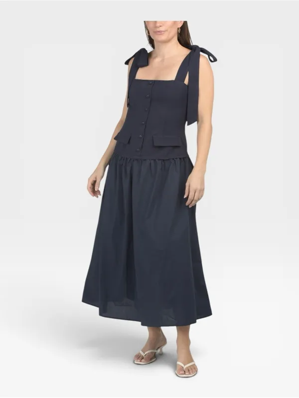 NWT English Factory Silk Blend Square Neck Navy Tie-Shoulder Maxi Dress SMALL - Image 7