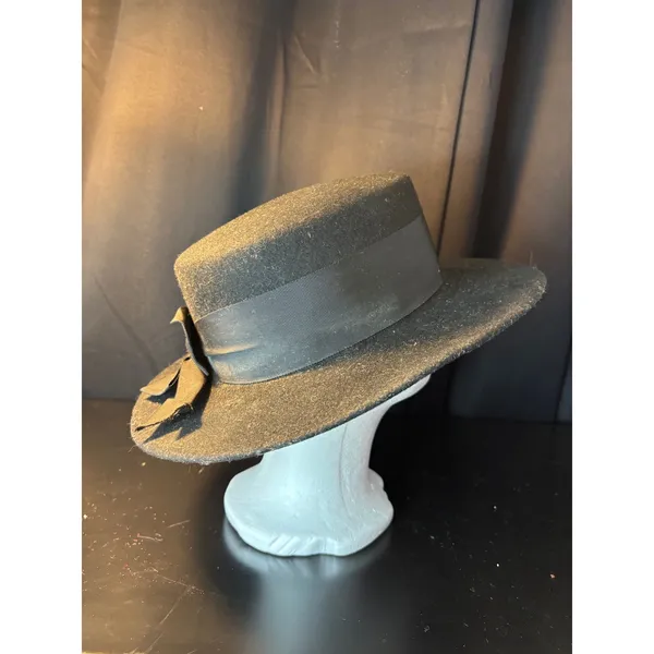 Vintage Black 100% Wool Boater Hat Made in USA Grosgrain Ribbon Bow WPL 4384 - Image 4