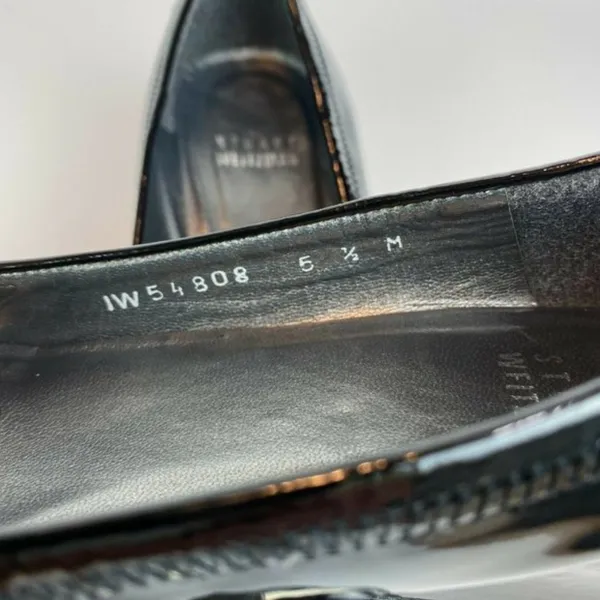 Stuart‎ Weitzman Wedge Heels 5.5 Black Patent Leather Silver Bow Office Career - Image 7
