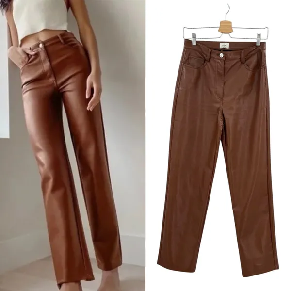 Aritzia Wilfred Melina Pants Vegan Faux Leather High Waist Brown Size‎ 4 - Image 2