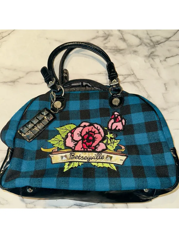 NWT Y2K Betsy Johnson Blue Plaid Bowler Handbag Bag Satchel Rockabilly Pin Up - Image 3