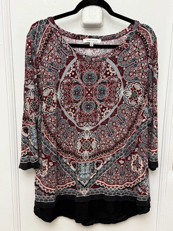 Rose + Olive Maroon Paisley Scoop Neck Top With Sheer Hem 1X - Image 9