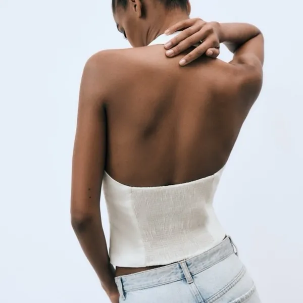 Zara white ruched halter neck open back hook closure front top - Image 5