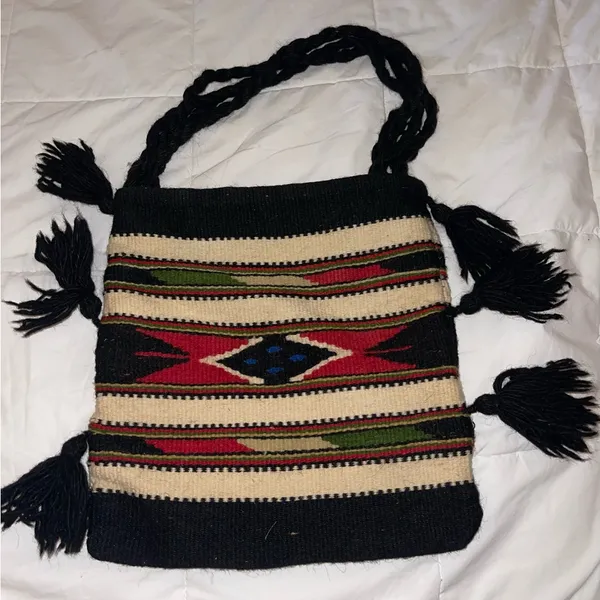 Bohemian Aztec/Native American Black and Multicolor Woven Wool Bag - Image 2