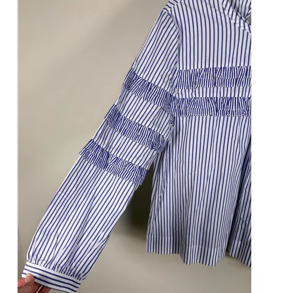 J.Crew Ruffle Stripe Blouse Womens 10 Blue‎ White Excellent Cotton Keyhole Tie - Image 6