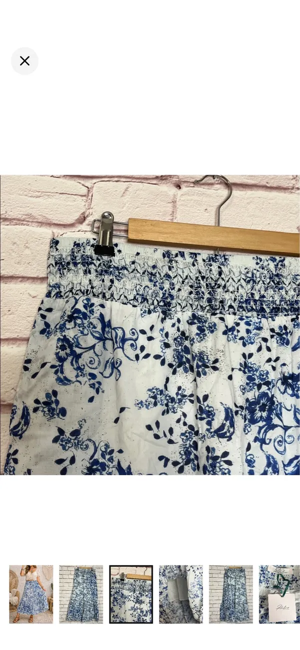 Atelier New York 100% Cotton Tiered Maxi Skirt Blue Floral Size 10 NWT. Stretchy smocked waist. Lined to knee. Flowy boho design. 16-19” waist 41” long - Image 3