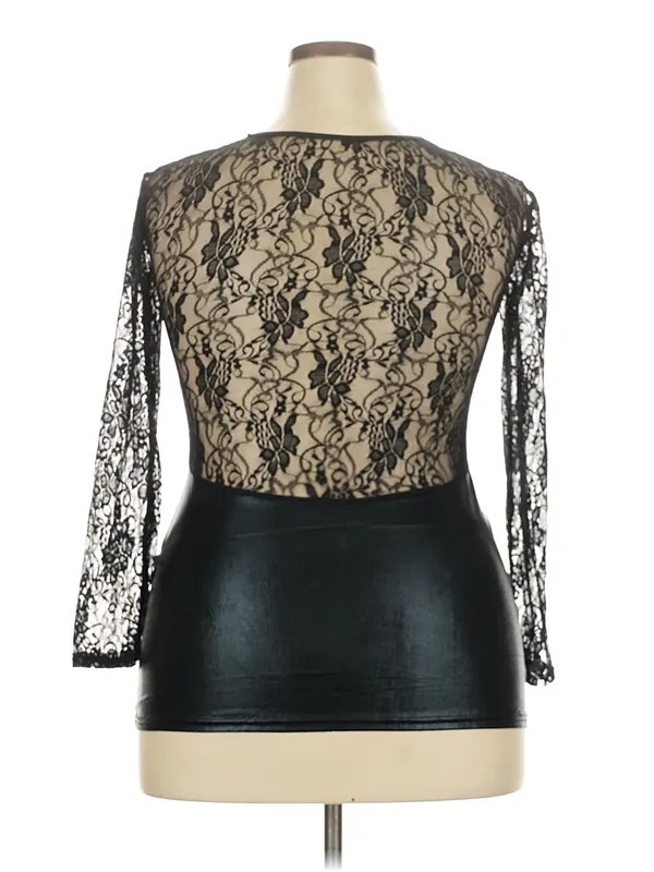 Black Lace And Faux Leather Long Sleeve Top - Image 2