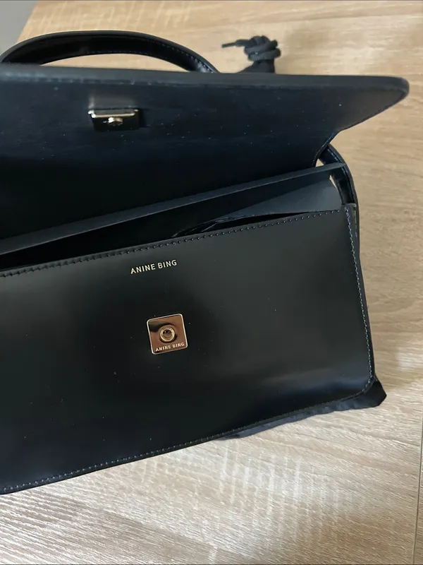 Anine Bing Black Leather Shoulder Bag with Gold Emblem - Image 6