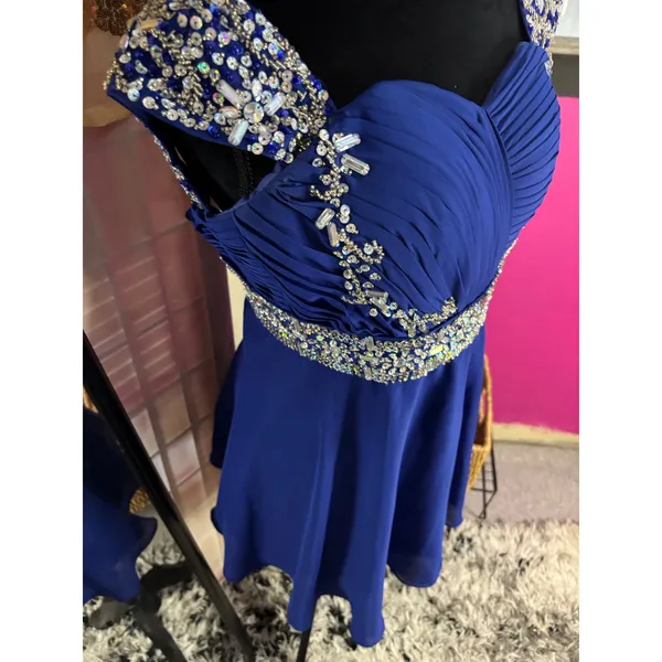 Royal Blue Rhinestone Embellished Chiffon Cocktail Homecoming‎ Dress Cap Sleeve - Image 6