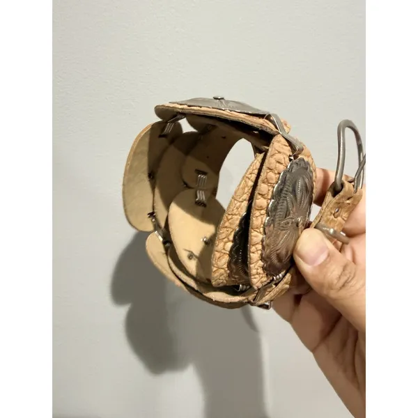 Southwestern Native Concho Leather Belt Silver Tone Tan Link 36.5" Cowboy Cowgir - Image 2