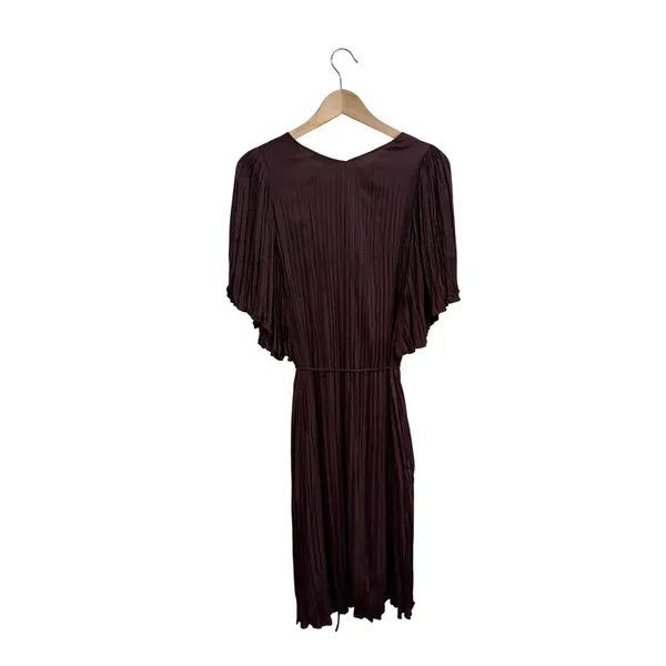 Vince Oxblood Pleated Crushed Satin V-Neck Midi Dress with Pockets Sz Medium - Image 5