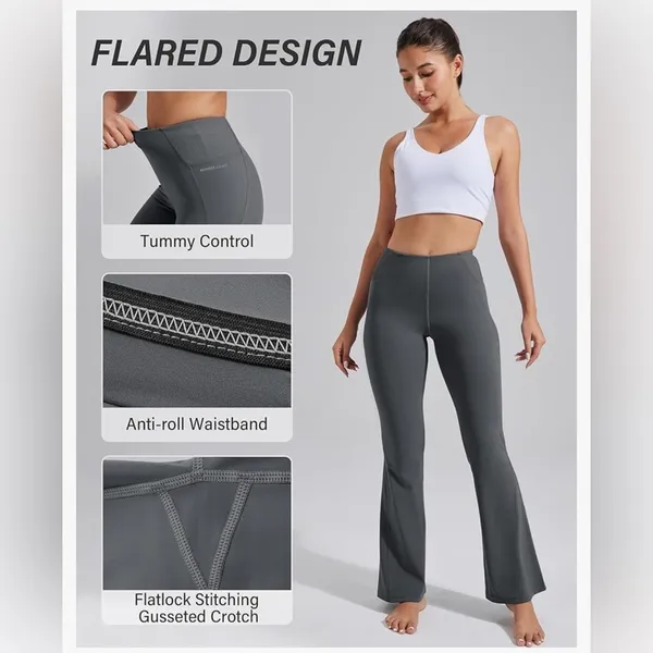 NEW Gray Flare Yoga Pants Bootcut Leggings Pockets High Waist Tummy Control S - Image 6