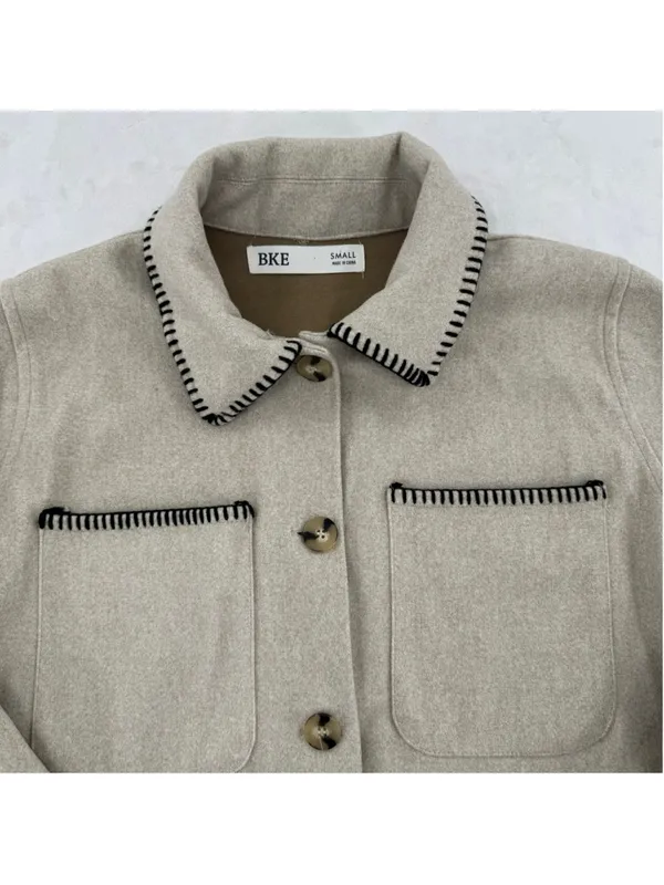 BKE Tan Felt Shacket Black Stitching Western Boho Jacket Button Front Sz Small - Image 4