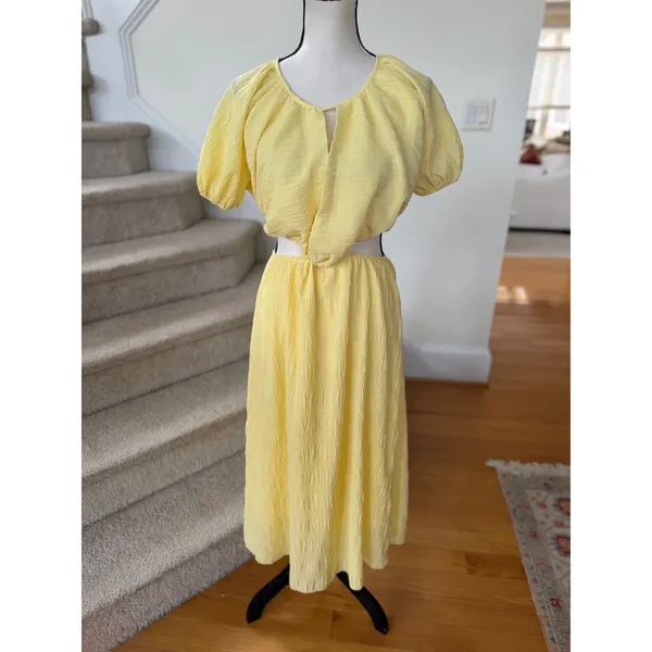 Petal + Pup Butter Yellow Puff Sleeve Midi Length Milk Maid Cut Out Back Dress - Image 2