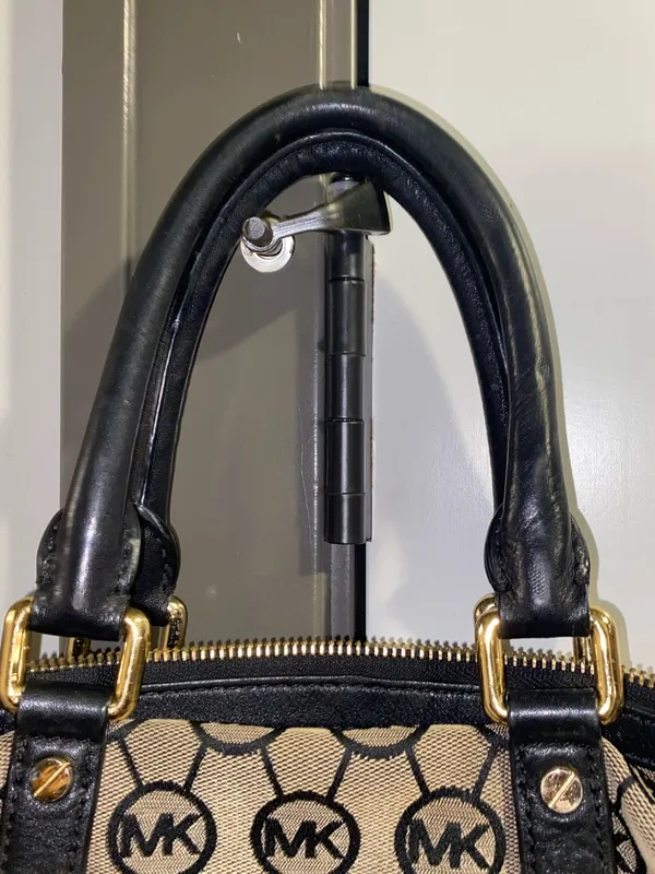 Michael Kors Black and Beige MK Monogram Satchel with Crossbody Strap - Image 5