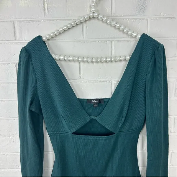 Lulus Green Ribbed Long Sleeve Cut Out Bodysuit Size L - Image 2