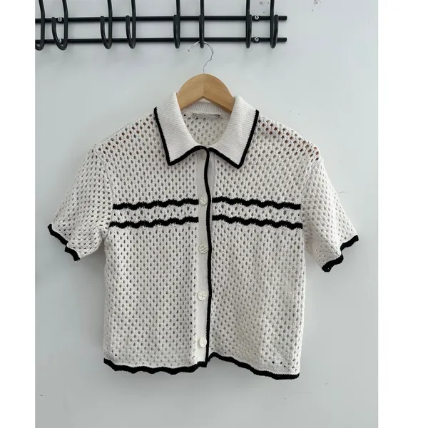 Abercrombie & Fitch Crochet Polo Cardigan XS Preppy Coquette Feminine Stripes - Image 2