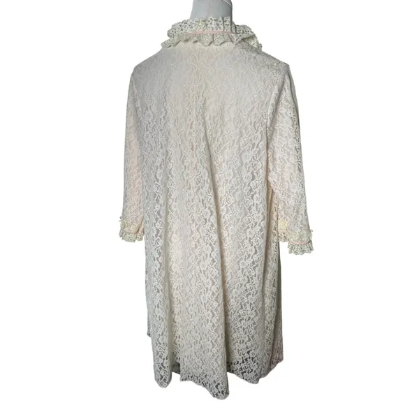 Vintage Lady Irene Lace Ruffle Peignoir Robe L Ivory Pink Ribbon Nylon Nightgown - Image 3