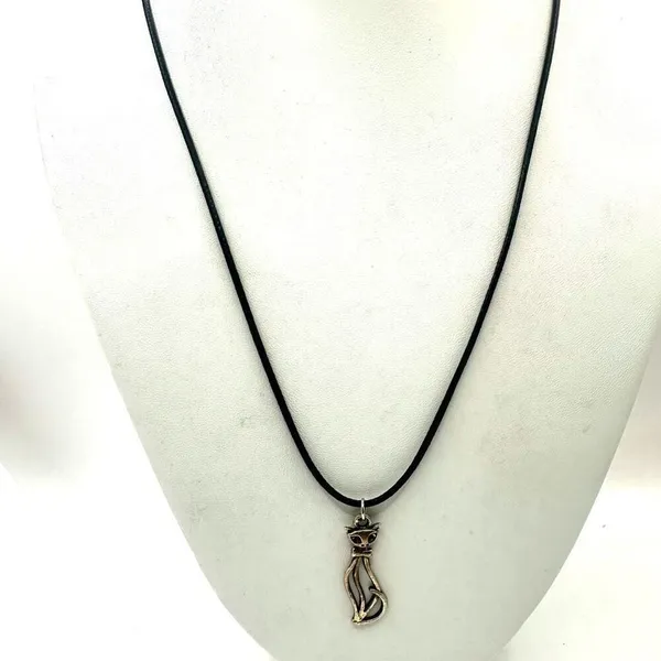 Silver tone cat pendant necklace on black cord - Image 10
