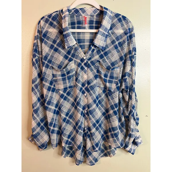 Free People Blue Cream Plaid Sheer Chiffon High Low Blouse Shirt Size Small - Image 3