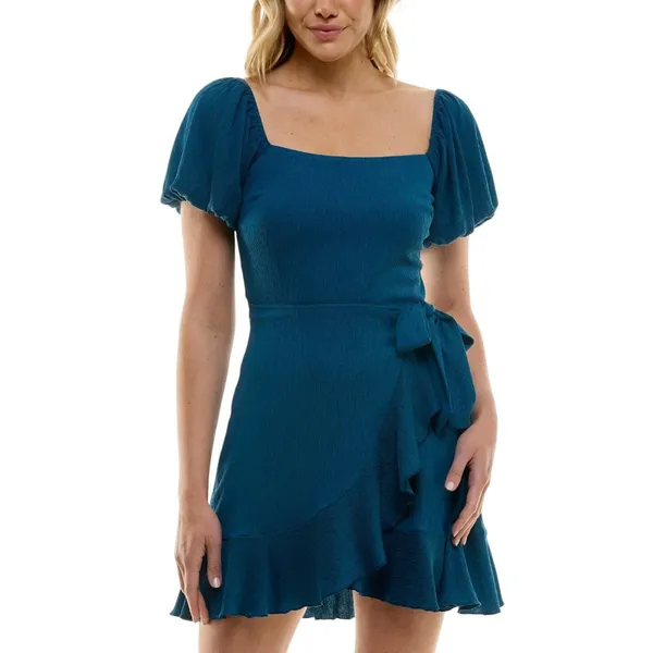 Trixxi Juniors Puff-Sleeve Side-Tie Fit & Flare Dress Dark Teal Blue Green L - Image 5