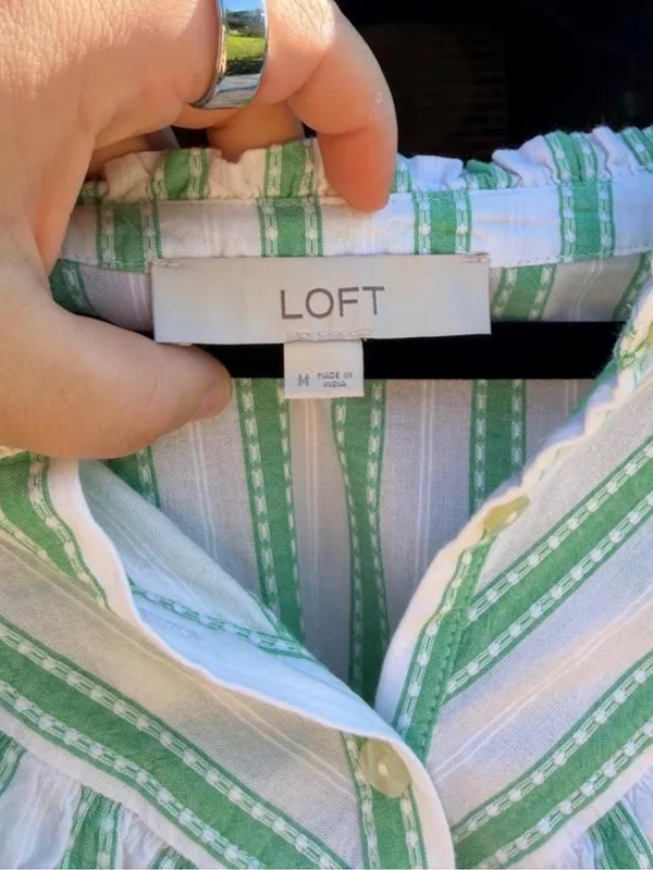 LOFT Green and White Striped Ruffle Collar Blouse - Image 3