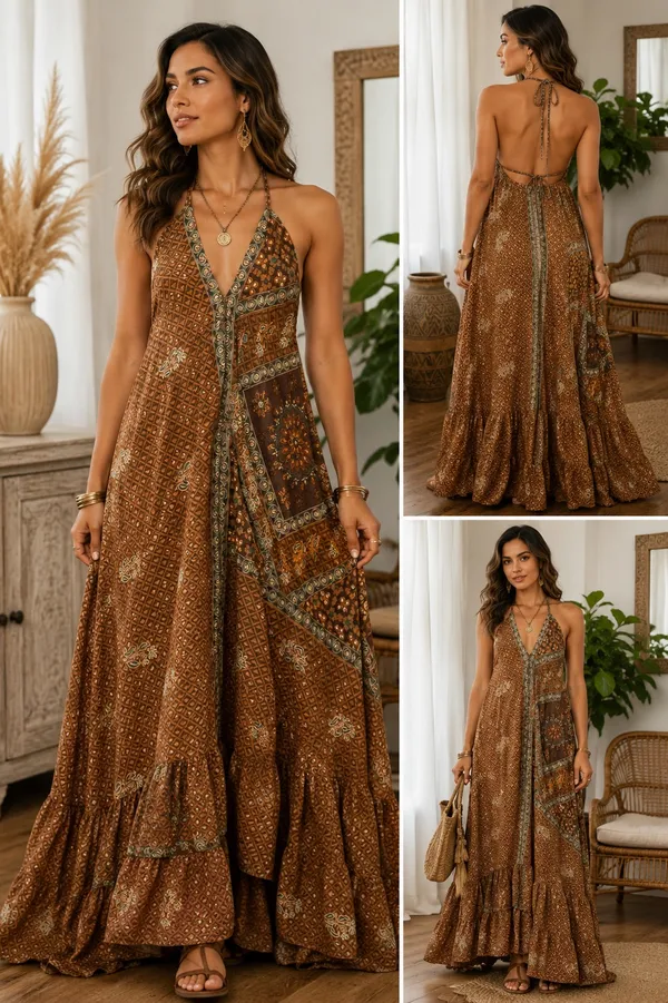 Indian Silk Halter Maxi Dress Brown - Image 3