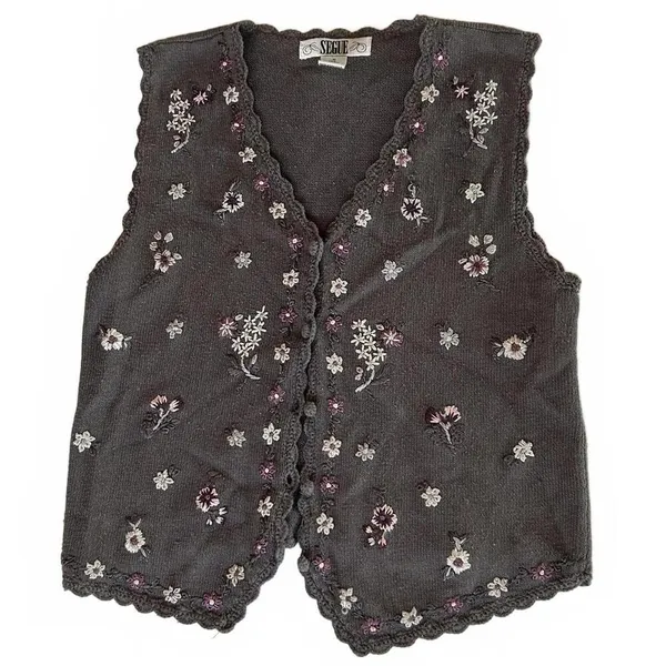 Vintage Segue Sweater Vest Medium Grey Floral Embroidered Fairycore - Image 2