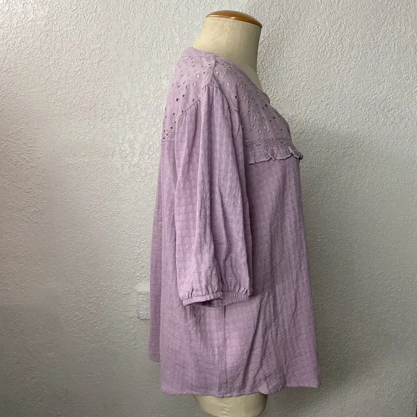 Knox Rose Size XL Purple Blouse Eyelet Short Puff Sleeves Button Front - Image 3
